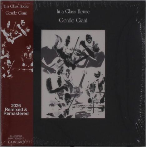 Text: "In a Glass House", "Gentle Giant", "2026 Remixed & Remastered". Schwarz-weißes Bild von Musikern beim Spielen.