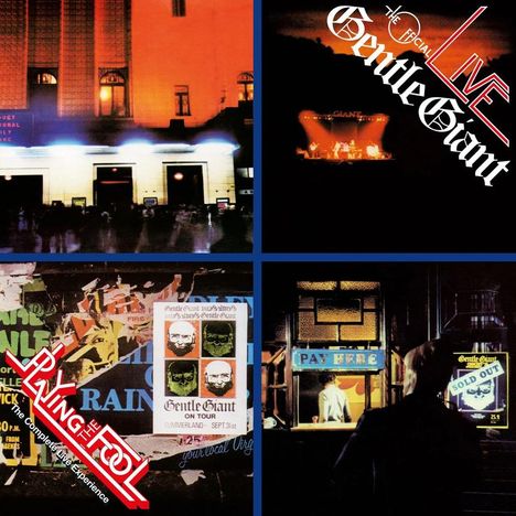 Oben links: verschwommenes Gebäude mit Lichtern. Oben rechts: "Gentle Giant Live". Unten links: "Playing the Fool". Unten rechts: "Sold Out".