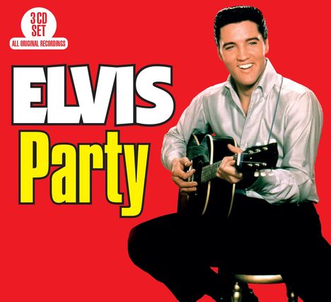 "3 CD Set, All Original Recordings, Elvis Party" in großem Text, Mann mit Gitarre auf rotem Hintergrund.