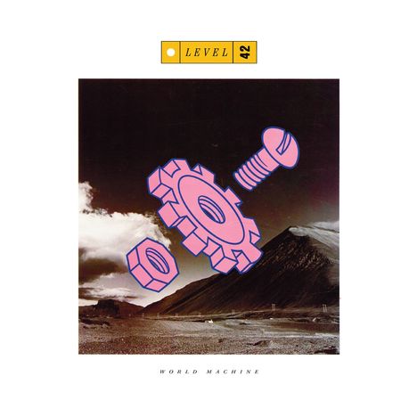 "LEVEL 42" oben, "WORLD MACHINE" unten. Illustration: Rosa Zahnräder und Schraube schweben über Berglandschaft.