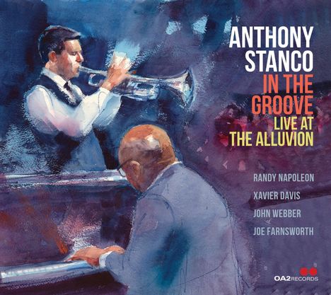 Text: "Anthony Stanco In the Groove Live at The Alluvion." Malerische Darstellung eines Trompeters und eines Pianisten.