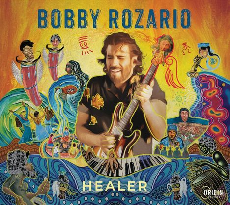 "Bobby Rozario" und "Healer" als Texte. Eine bunte, lebhafte Illustration mit einem Gitarrenspieler und mehreren Figuren.