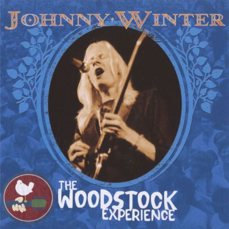 "Johnny Winter" und "The Woodstock Experience". Ein Musiker spielt leidenschaftlich Gitarre, umrahmt von blauen Verzierungen.