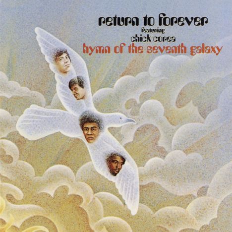 „Return to Forever featuring Chick Corea Hymn of the Seventh Galaxy“. Eine Illustration einer Taube mit Gesichtern in den Flügeln.