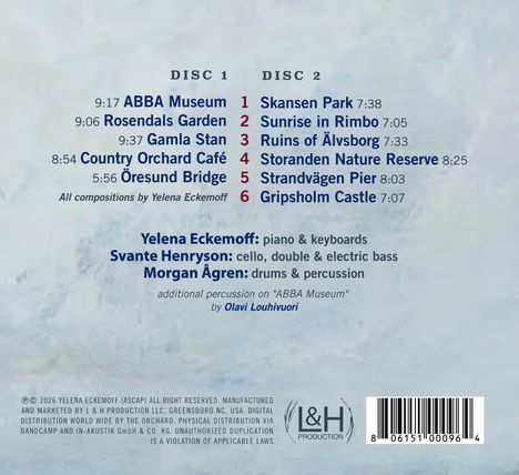 Links: DISC 1 mit Titeln wie "ABBA Museum". Rechts: DISC 2, z.B. "Skansen Park". Darunter Musiker: Yelena Eckemoff etc.