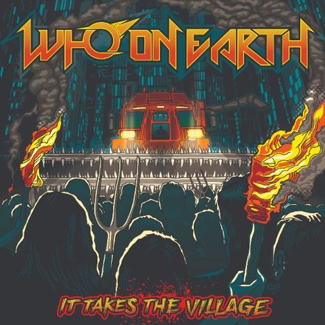 "Who on Earth" und "It Takes the Village". Illustration: Menschenmenge mit Fackeln vor Fabrik.