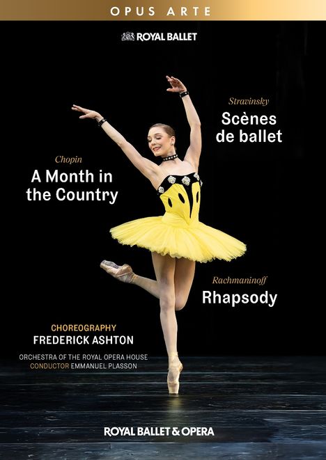 Texte: "A Month in the Country", "Scènes de ballet", "Rhapsody", "Frederick Ashton". Tänzerin im gelben Kleid.