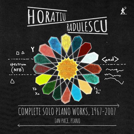 "Horatiu Radulescu, Complete Solo Piano Works, 1967-2007, Ian Pace, piano." Geometrische Farbformen auf schwarzem Hintergrund.
