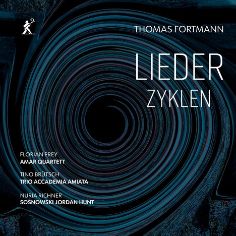 Oben: "THOMAS FORTMANN LIEDER ZYLEN". Namen: Florian Prey, Amar Quartett, Tino Brütsch. Spiralförmiges Muster.
