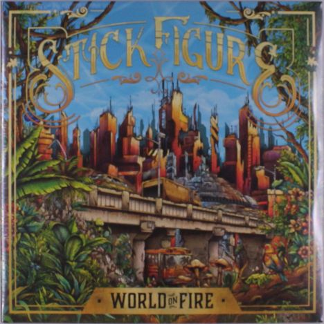 "Stick Figure", "World on Fire". Illustration einer Stadt im Hintergrund, umgeben von üppigem Grün und einer Brücke im Vordergrund.