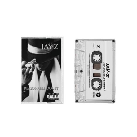 Links: "JAY-Z REASONABLE DOUBT" auf Album-Cover mit schwarz-weißem Foto eines Mannes. Rechts: Kassette mit derselben Beschriftung.