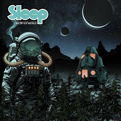 „Sleep Hemispheres“: Ein Astronaut steht in einem Feld, mit Rakete im Hintergrund und Sternenhimmel.