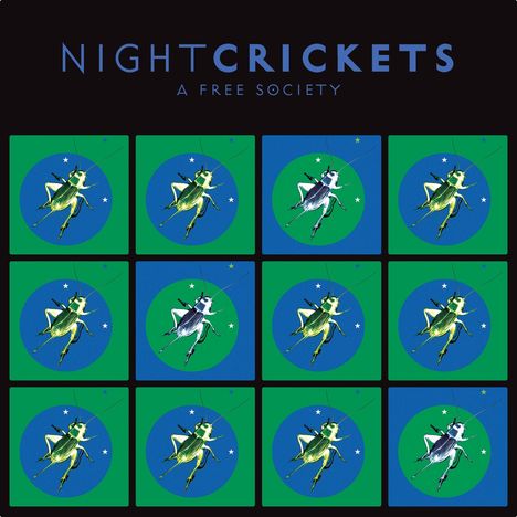 Text oben: "Night Crickets, A Free Society." Darunter zwölf Kachelbilder von Grillen auf blauem und grünem Grund.