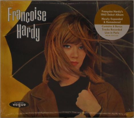 "Françoise Hardy", "Debut Album 1962", "Newly Expanded & Remastered". Frau mit Regenschirm in herbstlicher Kleidung.