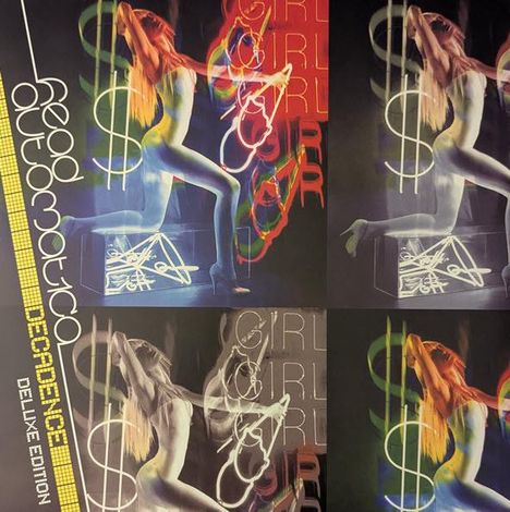 Text: "dead automata", "DECADENCE", "DELUXE EDITION", "GIRL". Eine neonbeleuchtete Frau in verschiedenen Posen.