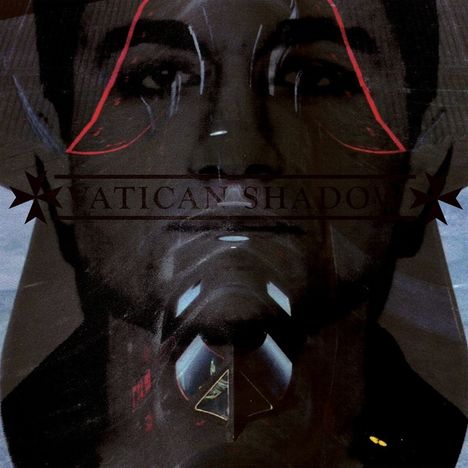 "Vatican Shadow" steht über einem düsteren Gesicht; geometrische Formen und rote Linien akzentuieren das Bild.