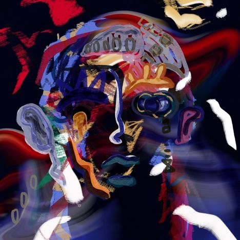 Abstrakte, farbenfrohe Illustration eines Gesichts mit wilden, fließenden Linien und kräftigen Pinselstrichen in Blau und Rot.