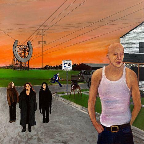 Eine surrealistische Illustration zeigt ein oranges Himmelszelt mit einem "Neighborhood Crime Watch"-Schild und mehreren Figuren.