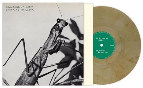 "Creature of Habit, Courtney Barnett." Eine Nahaufnahme einer Gottesanbeterin, daneben eine marmorierte Vinyl-Schallplatte.