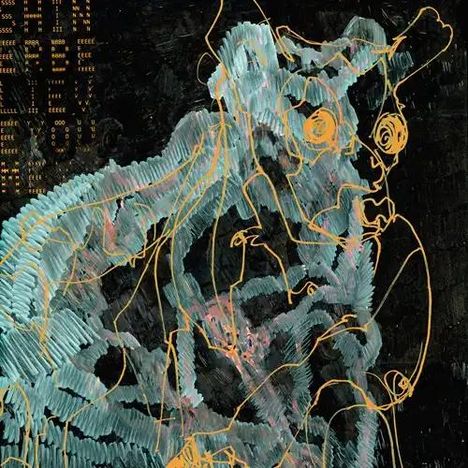 Text: "IN AND OUT OF FOCUS". Illustration mit verworrenen, bunten Linien auf dunklem Hintergrund.