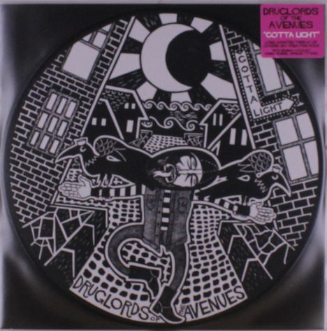 Die Wörter „DRUGLORDS OF THE AVENUES“ und „COTTA LIGHT“ erscheinen. Eine schwarz-weiße Illustration zeigt surrealistische Figuren vor städtischem Hintergrund.