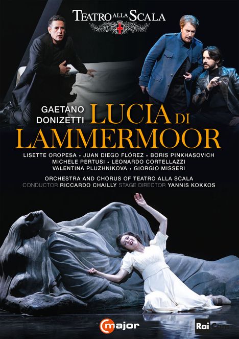 Teatro alla Scala präsentiert "Lucia di Lammermoor" von Gaetano Donizetti. Szene mit vier Darstellern, ein weiblicher in Weiß.