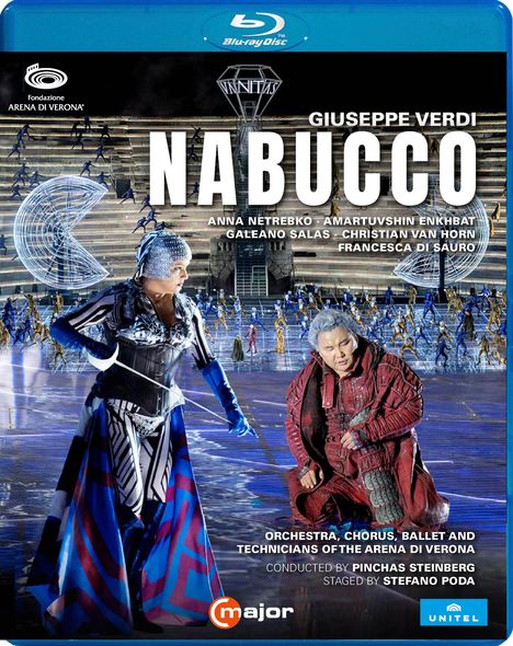 Texte: "NABUCCO", "GIUSEPPE VERDI", "Anna Netrebko", "Fondazione Arena di Verona". Zwei Figuren in extravaganten Kostümen.