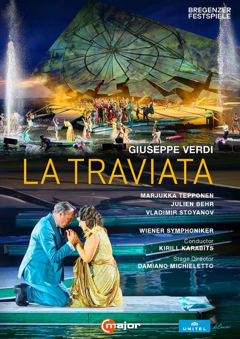 Poster der Bregenzer Festspiele für "La Traviata" von Giuseppe Verdi. Szenenbild mit vielen Figuren und großem Bühnenaufbau.