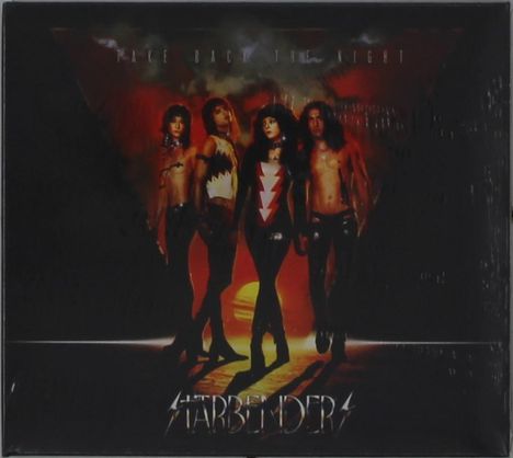 "TAKE BACK THE NIGHT" oben. "STARBENDERS" unten. Vier Personen posen, Hintergrund in Rot-Orange gehalten, Sonnenuntergang.