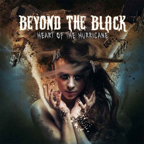 "Beyond the Black - Heart of the Hurricane" steht groß über einer Frau, die von Wirbelsturm und Trümmern umgeben ist.