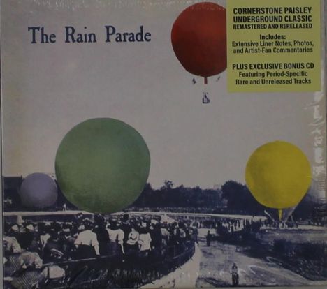 Text: "The Rain Parade", "CORNERSTONE PAISLEY UNDERGROUND CLASSIC..." Drei bunte Ballons über einer Menschenmenge.