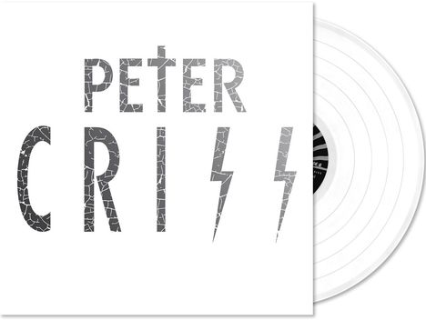 Text: "PETER CRISS". Stil: Bröckelige, graue Buchstaben mit Blitzsymbolen. Sichtbar ist eine weiße Schallplatte.