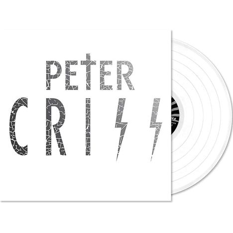 Text: "PETER CRISS" in gebrochenem Stil. Illustrations-Stil mit Blitzsymbolen, daneben eine weiße Schallplatte.