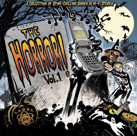 "The Horror! Vol. 1", "A Collection of Spine-Chilling Songs in Hi-Fi Stereo!" auf Grabstein. Hexe und Kind, gruseliges Design.