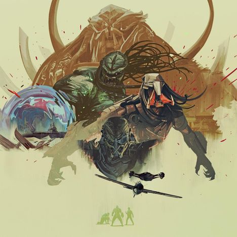 Illustration von futuristischen, furchterregenden Kreaturen, ein Flugzeug und eine Silhouette von drei Personen unten.