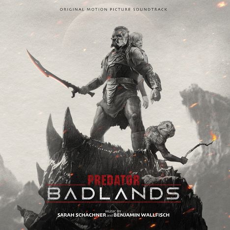 Text: "Predator Badlands." Unter einem Krieger mit Maske, Schwert und einem Kind auf der Schulter, begleitet von einem Wesen.