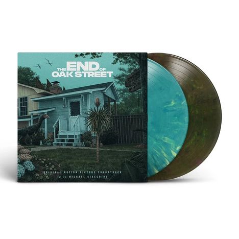 „THE END OF OAK STREET“ steht oben. Ein Dino und große Vögel umgeben ein blaues Haus mit Garten.