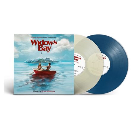 Text: "Widow's Bay", "Apple Original Series Soundtrack", "Music by David Fleming." Zwei bunte Schallplatten vor Cover mit Ruderboot.