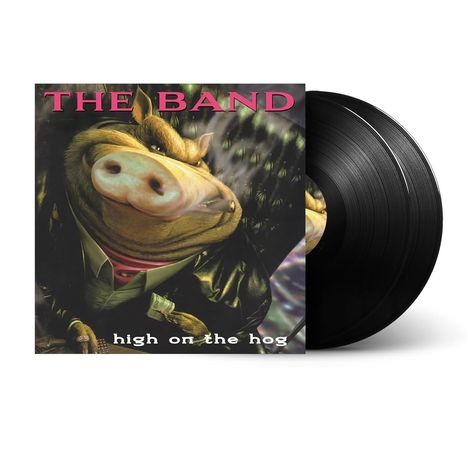 "THE BAND" oben, "high on the hog" unten. Ein Schwein im Anzug mit Zigarre; Vinyl-Schallplatten sichtbar.