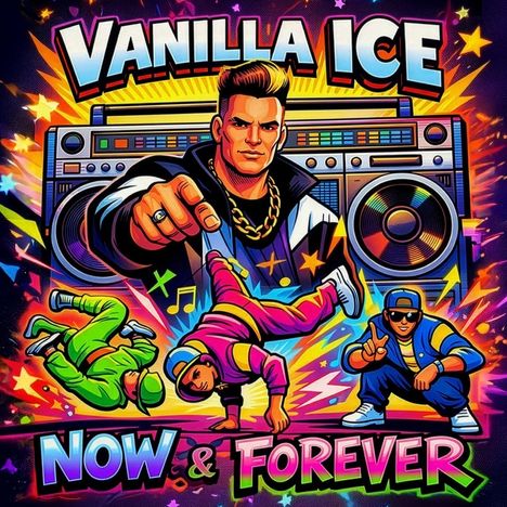"Vanilla Ice", "Now & Forever". Illustration: Tänzer, Rapper, Boombox, lebendige Farben, dynamische Posen, Musiknoten.