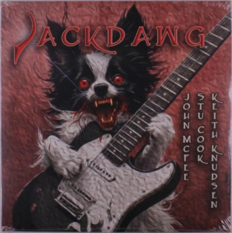 "JACKDAWG" über wildem Hund mit E-Gitarre, rote Augen, fletschende Zähne; Namen: John McFee, Stu Cook, Keith Knudsen.