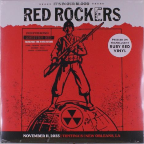 "Red Rockers", Poster mit Soldatenfigur, schwarzem Text auf rotem Hintergrund. Erwähnt "Translucent Ruby Red Vinyl."