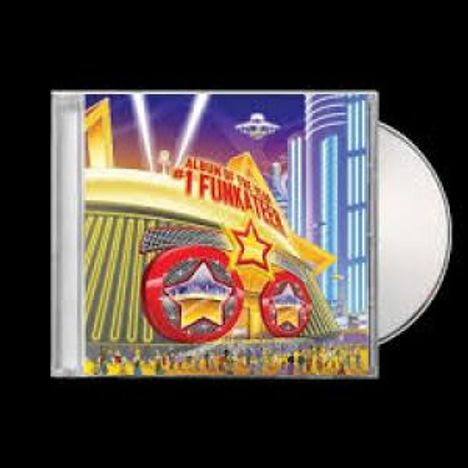 Text: "Alien DNA Funkateers". Illustration einer futuristischen Szene mit leuchtenden Schildern und Menschenmengen.