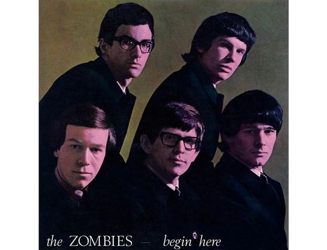 Text: "the ZOMBIES - begin here". Fünf Männer in Anzügen blicken ernst Richtung Kamera vor einem dunklen Hintergrund.