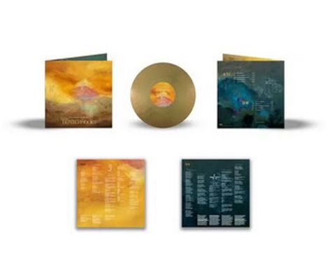 Musikalbum-Set. Links: Gelbes Cover. Mitte: Goldene Schallplatte. Rechts: Trackliste und Texte. Unten: Zwei Songtexte.