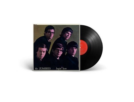 "the ZOMBIES - begin here" auf einem Albumcover. Fünf Männer in Anzügen; daneben eine Schallplatte.