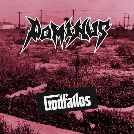 Stilvolle Schriftzüge "Domini" und "Godfallos", darunter rote Landschaft mit Gras und liegenden menschlichen Figuren.