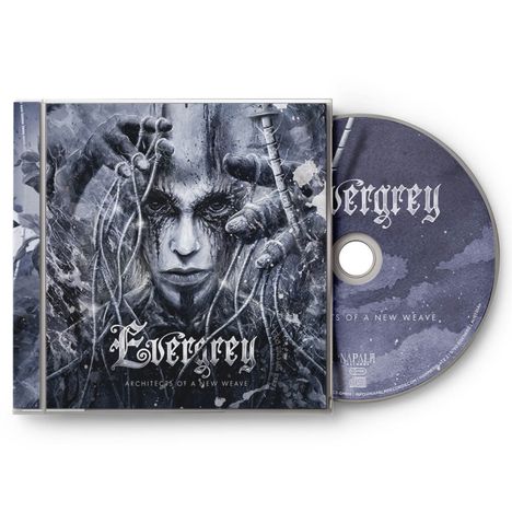 "Evergrey - Architects of a New Weave." Ein düsteres Cover mit einem Gesicht, umgeben von Kabeln und Händen.