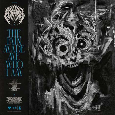 Texte: "THE PAIN MADE ME WHO I AM". Links schwarzer Balken mit blauem Text, rechts eine abstrakte, schreiende Gestalt.