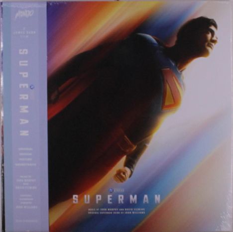 "SUPERMAN", Musik von John Murphy und David Fleming. Illustration von fliegendem Superheld im ikonischen Kostüm.
